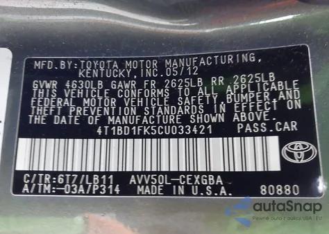2012 Toyota Camry Hybrid Xle from USA, damaged, VIN 4T1BD1FK5CU033421